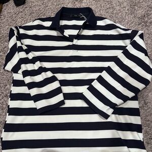 Mango Navy and White Striped Oversized Polo